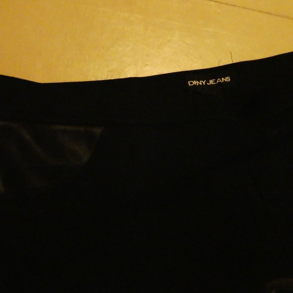 DKNY stretch jeans, pull-on, back pockets, fake leather-look detail at waist